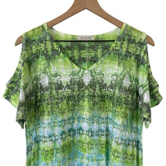 Jess & Jane Womens Tie Dye Tunic Top L Artsy Rhinestone Shark Bite Green Blouse - Picture 3 of 13